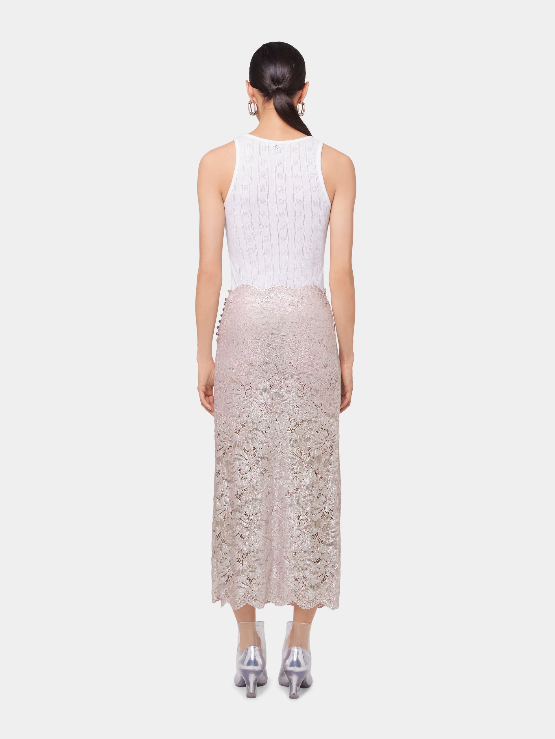 LIGHT PINK LONG SKIRT IN LACE WITH SILVER INDUCTION position 3