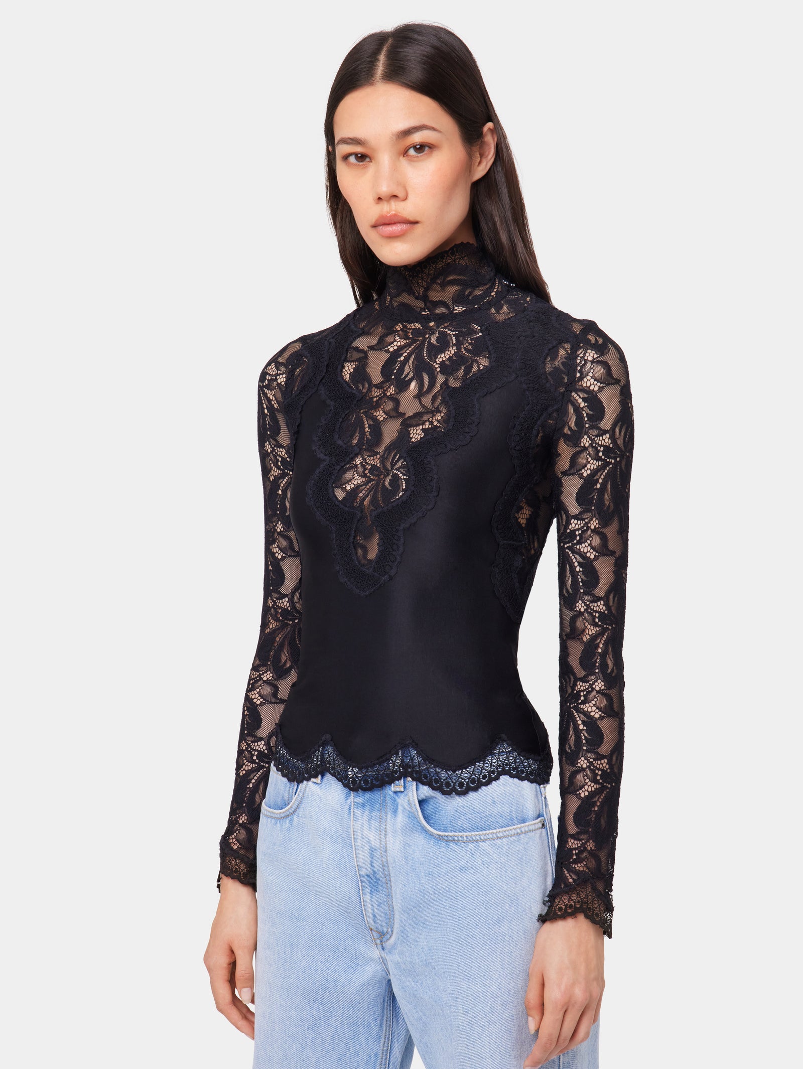 Black long sleeve top in lace and jersey position 2 - Image 2