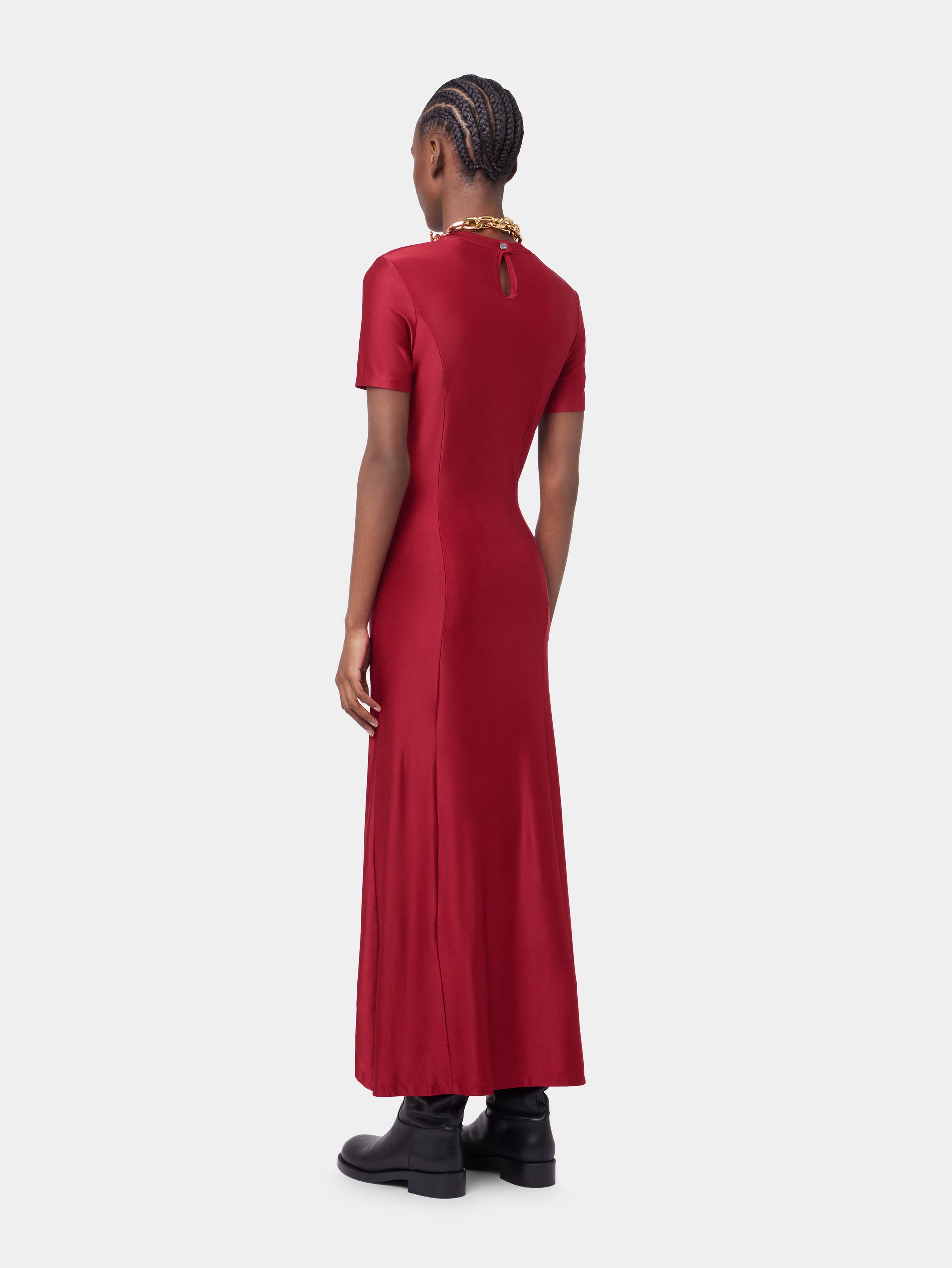 RED LONG DRAPED DRESS IN JERSEY position 4