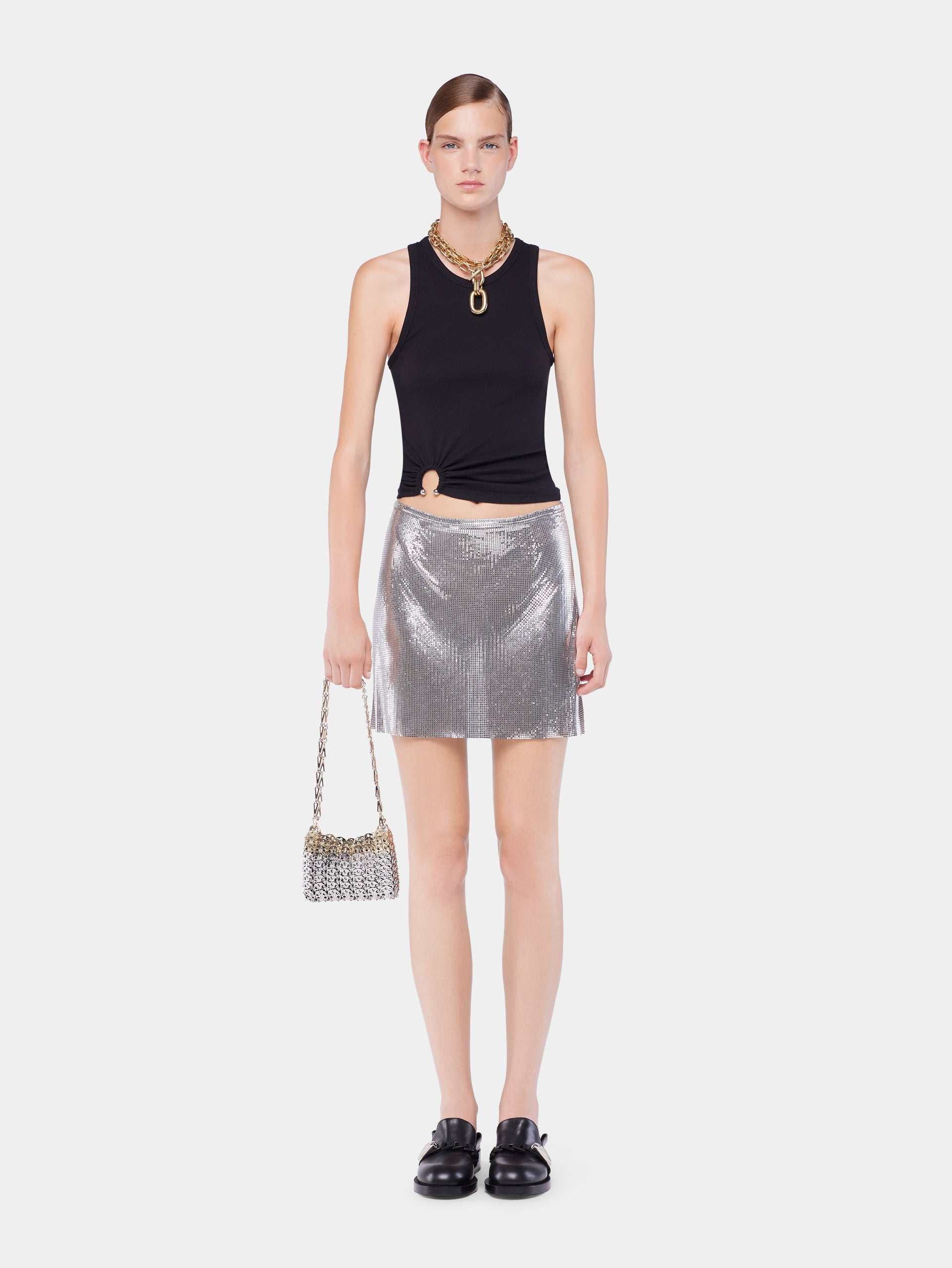 Silver mini skirt in mesh position 2