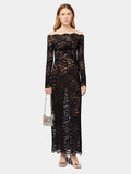 Long black lace dress with bardot collar