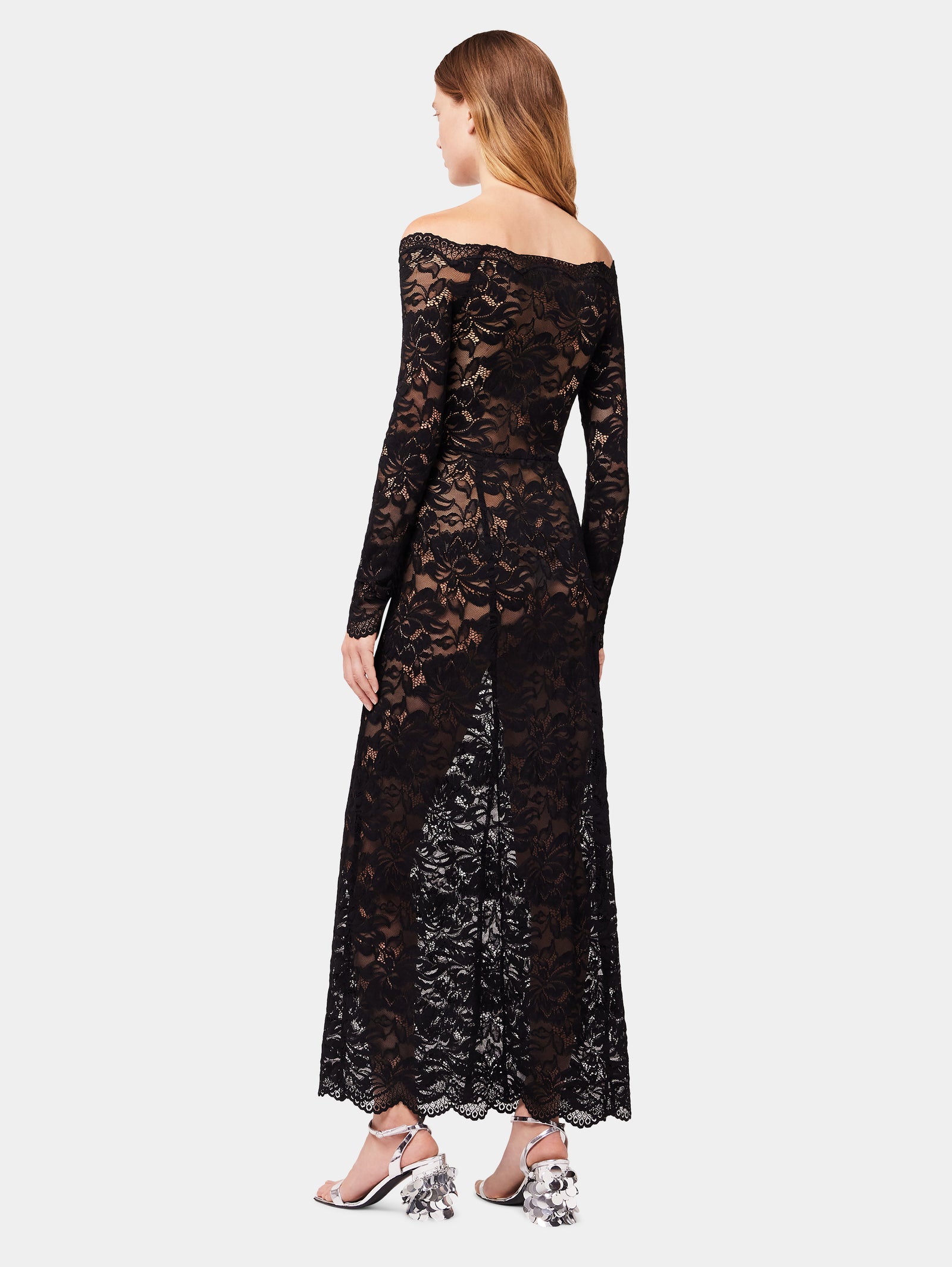 Long black lace dress with bardot collar position 3 - Image 3