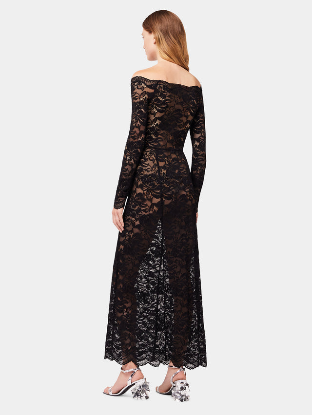 Long black lace dress with bardot collar - Image 3