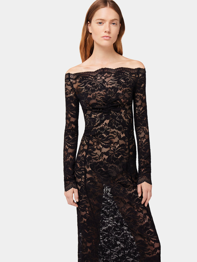 Long black lace dress with bardot collar - Image 2
