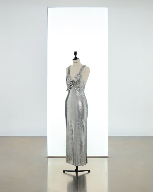 Long strap V-neck dress in iconic mesh - Image 1