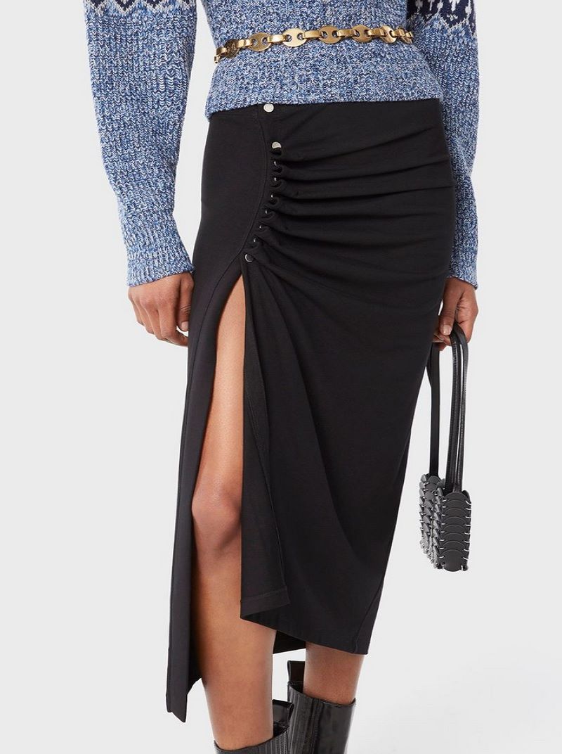 BLACK drapé pression MID-LENGTH SLIT SKIRT
