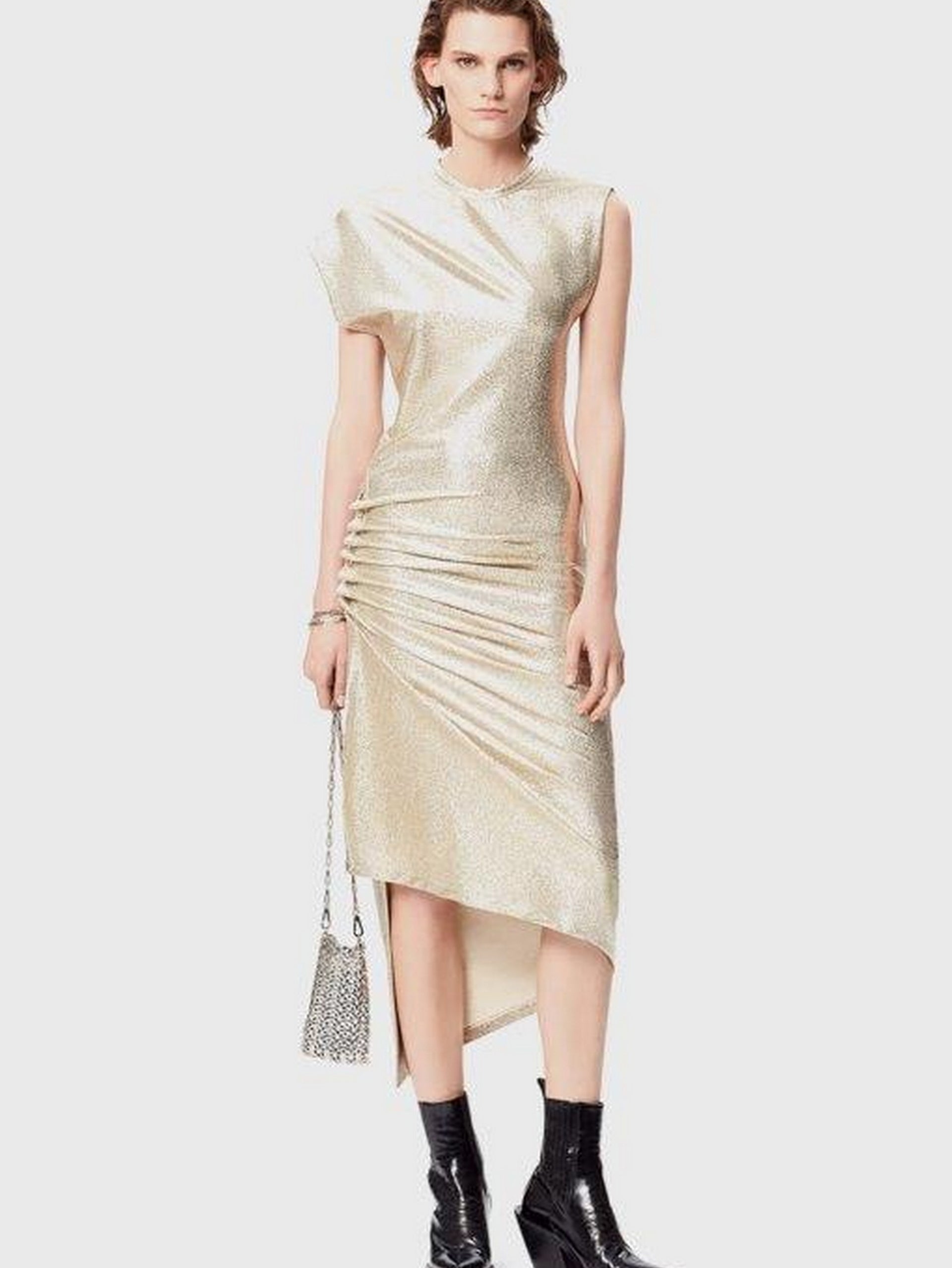 Gold drapé pression dress in lurex