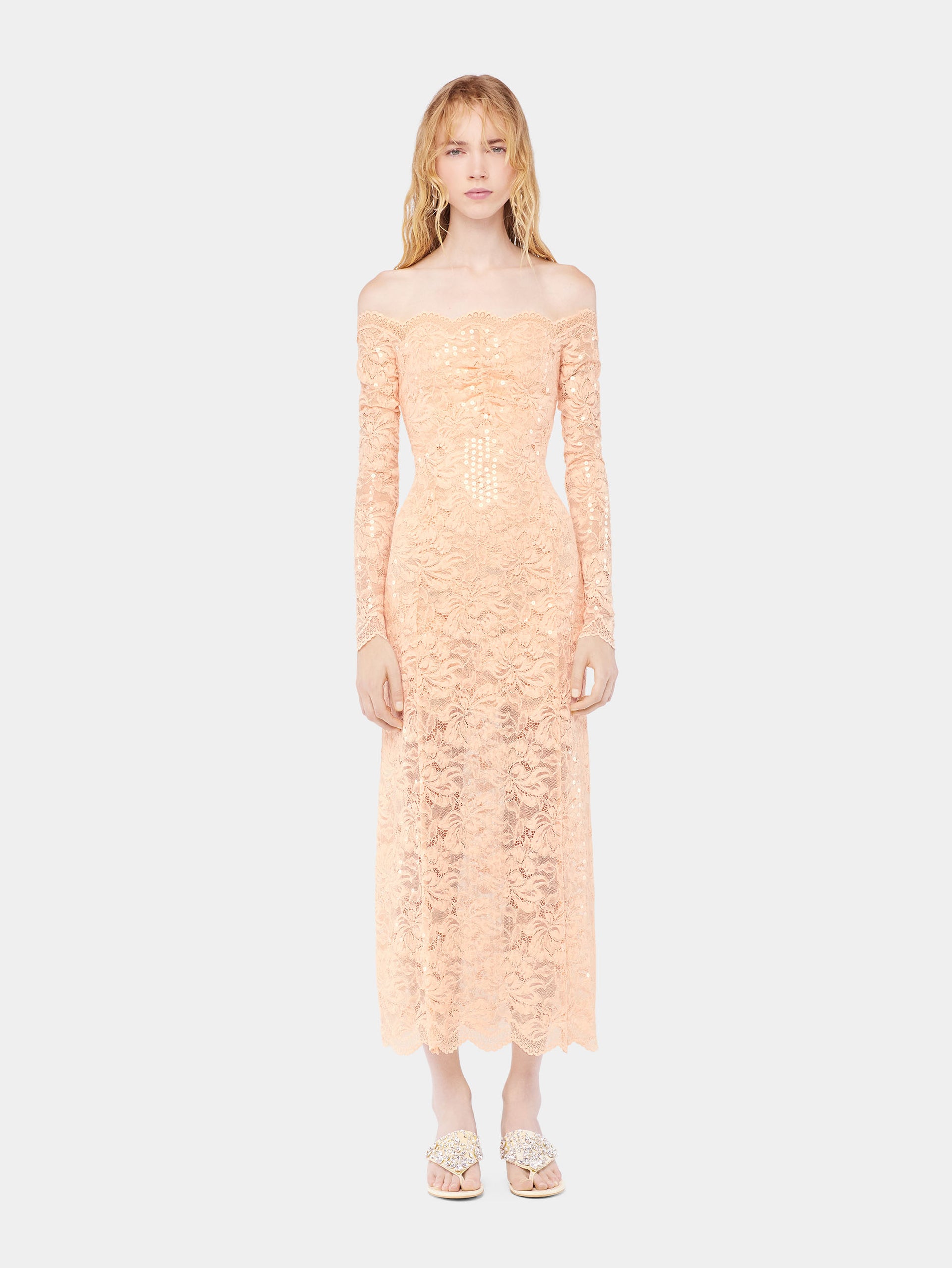 Midi lace dress with sequins embroideries