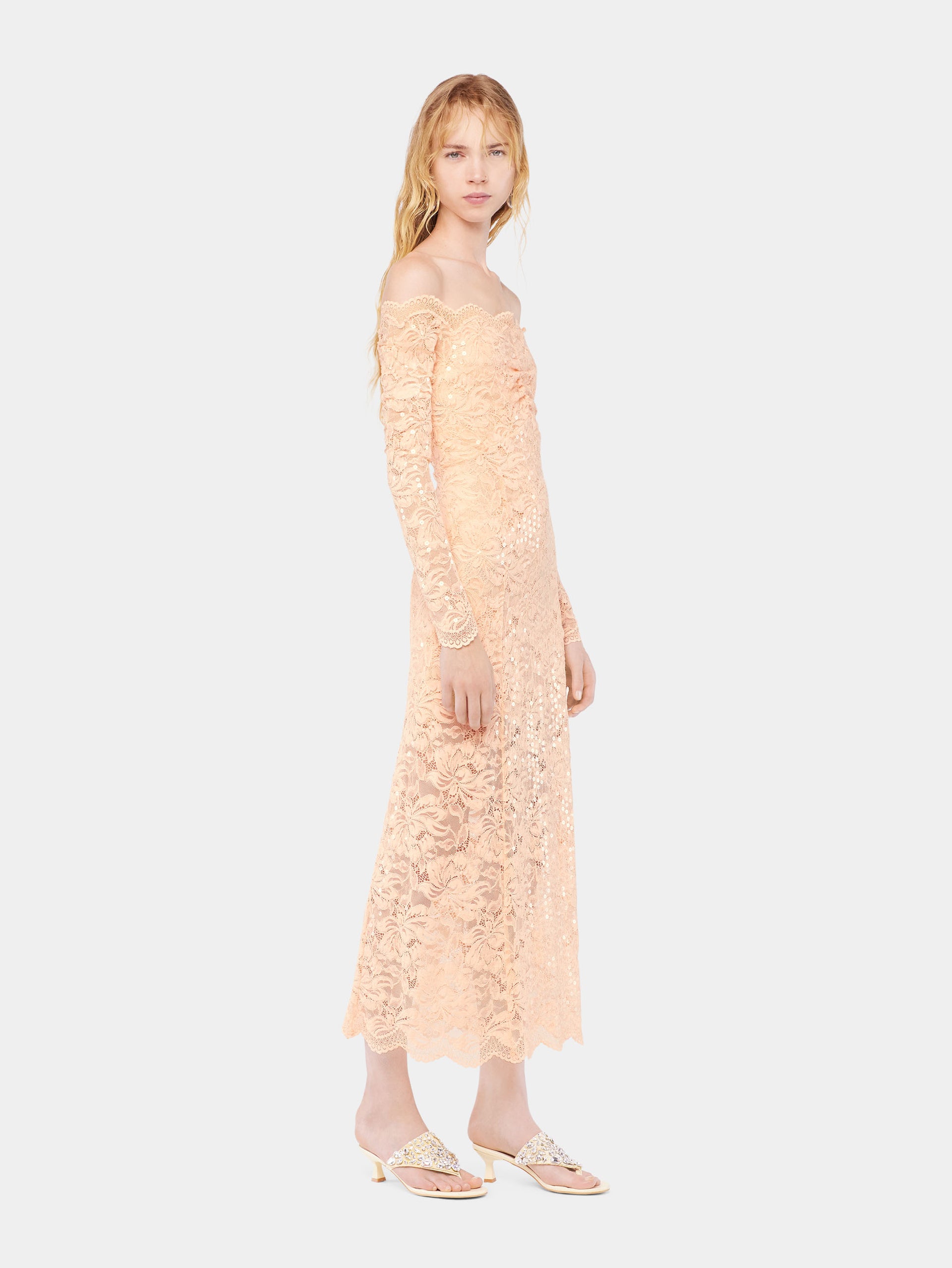 Midi lace dress with sequins embroideries