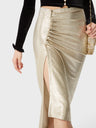 Gold mid-length drapé pression slit skirt
