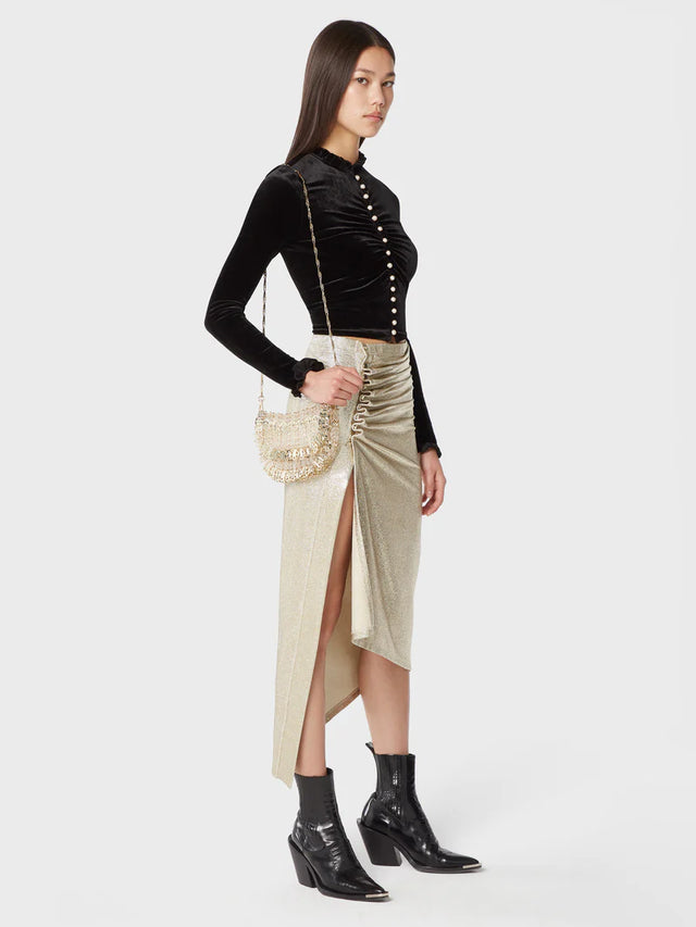Gold mid-length drapé pression slit skirt