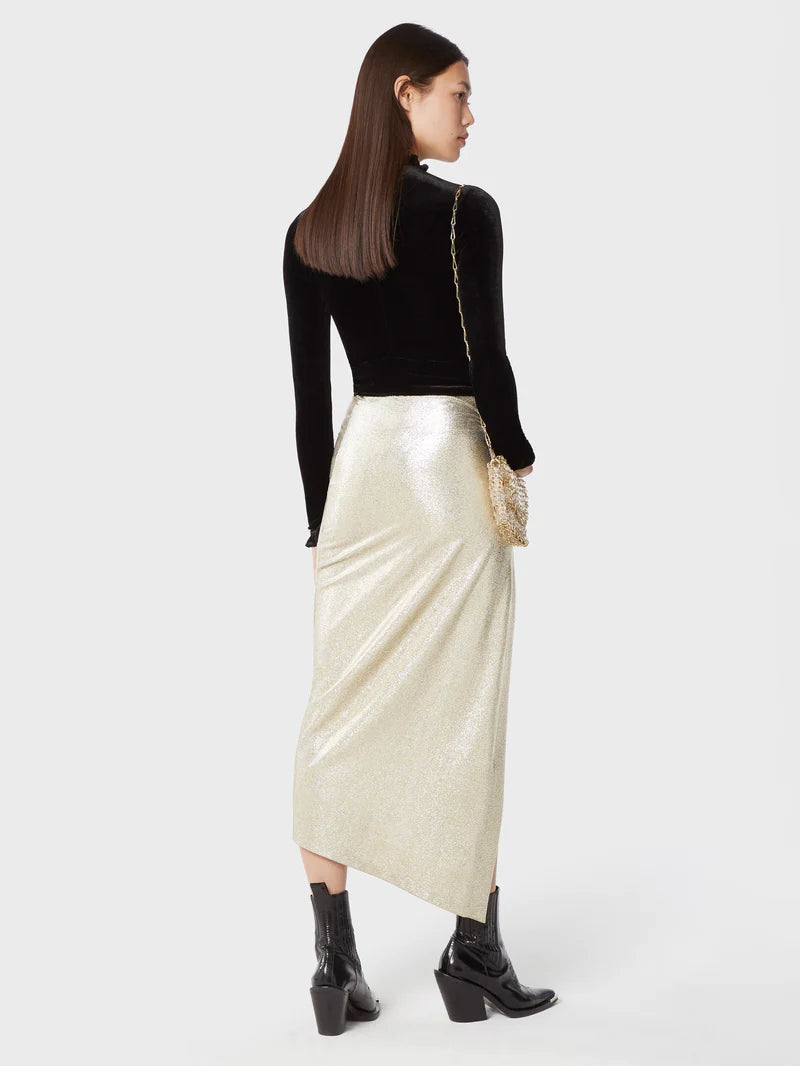 Gold mid-length drapé pression slit skirt