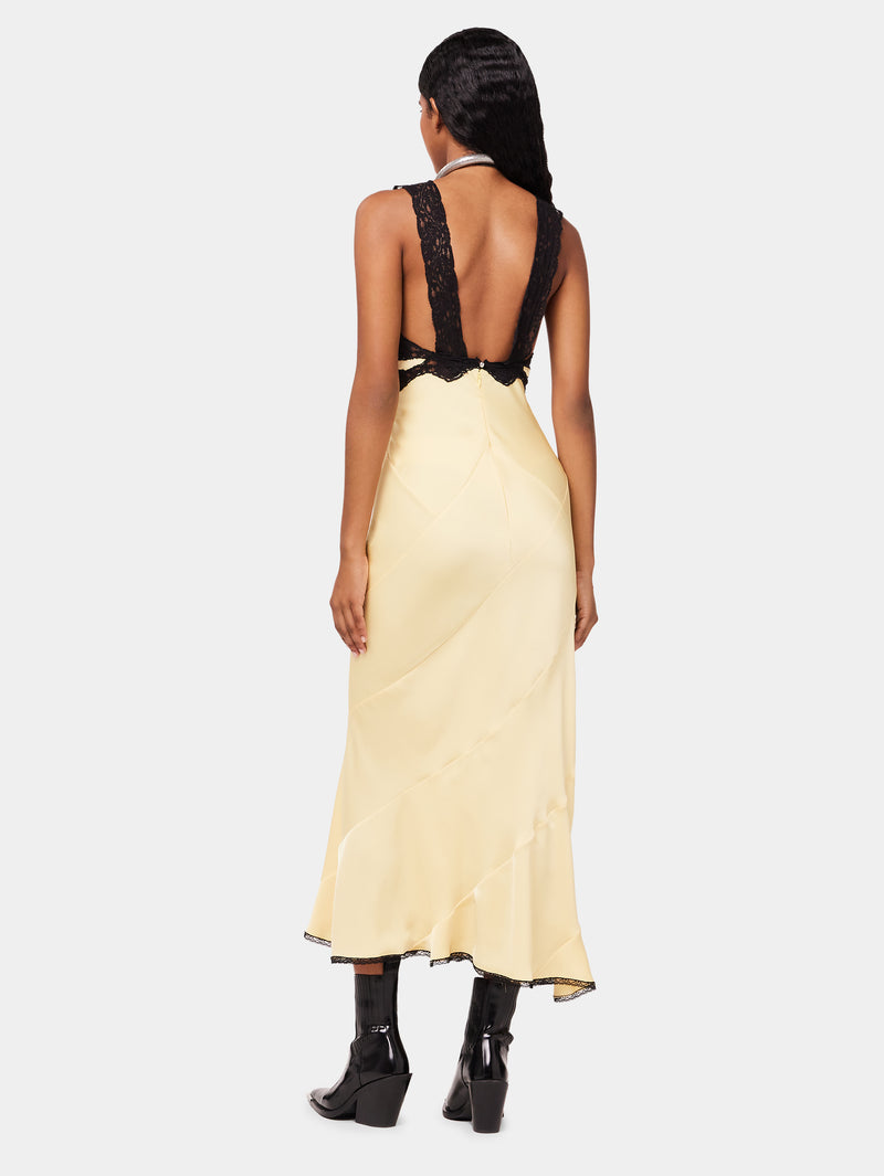 yellow long dress with lace details