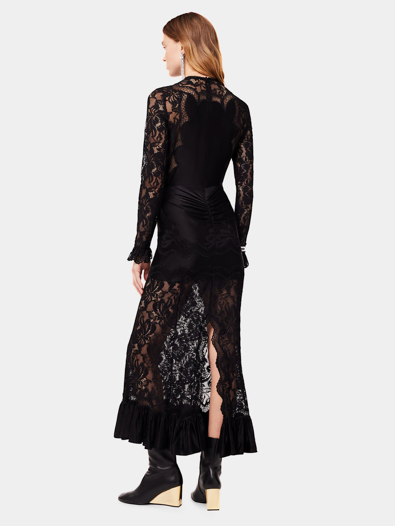 Long satin black dress in lace