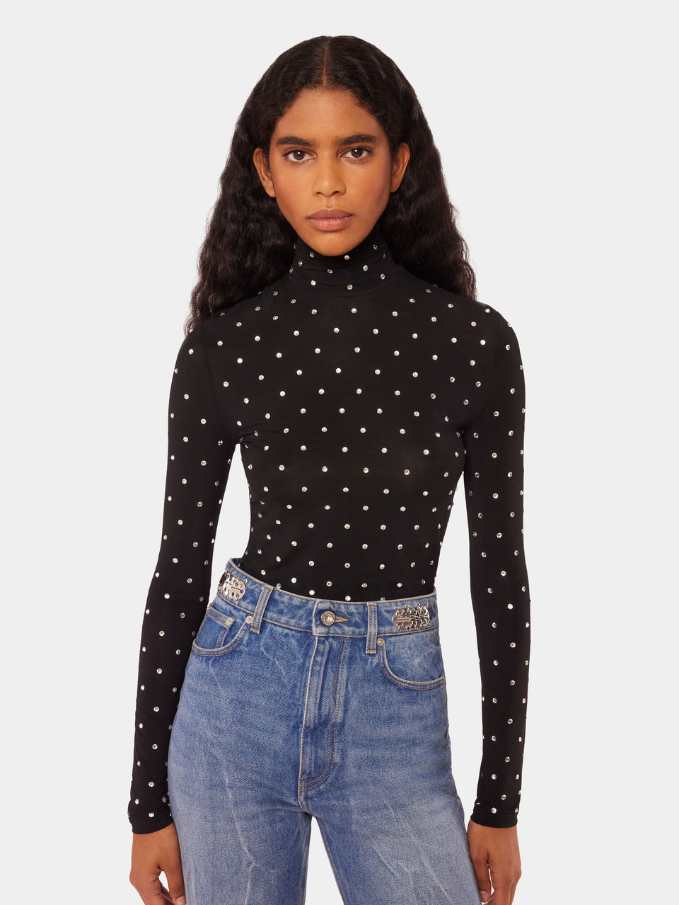 Second skin turtleneck jersey top with crystals