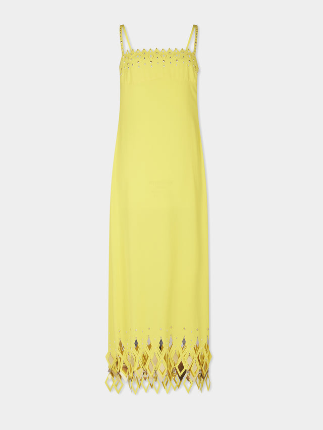 YELLOW CREPE LONG DRESS WITH DIAMOND-SHAPED ASSEMBLY