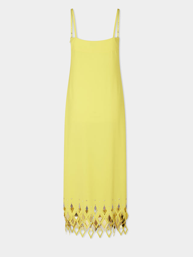 YELLOW CREPE LONG DRESS WITH DIAMOND-SHAPED ASSEMBLY