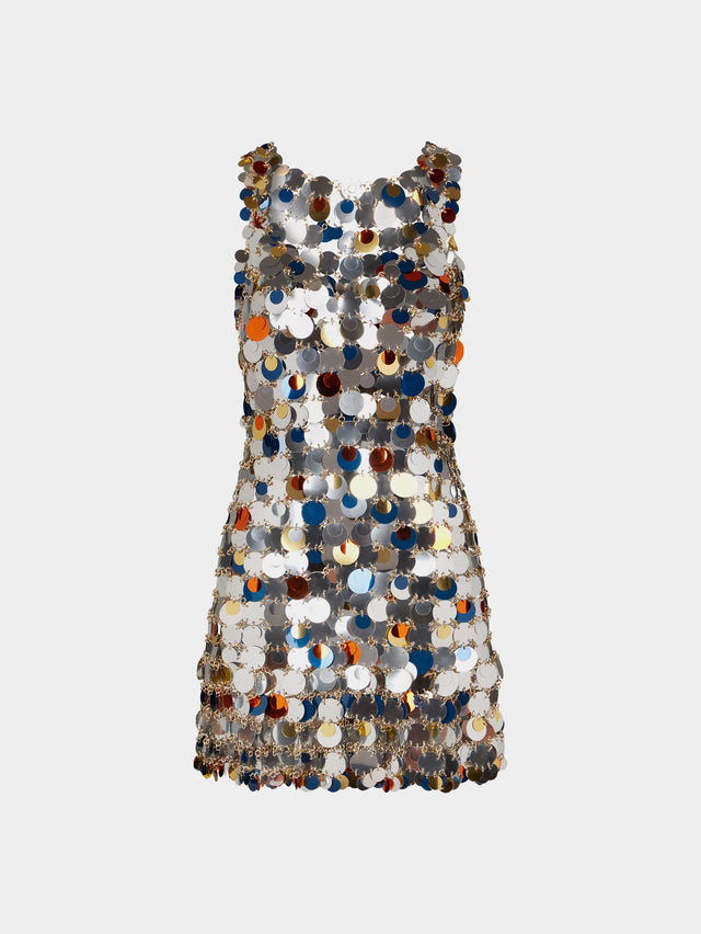 Assembled dress with multicolored sparkle discs