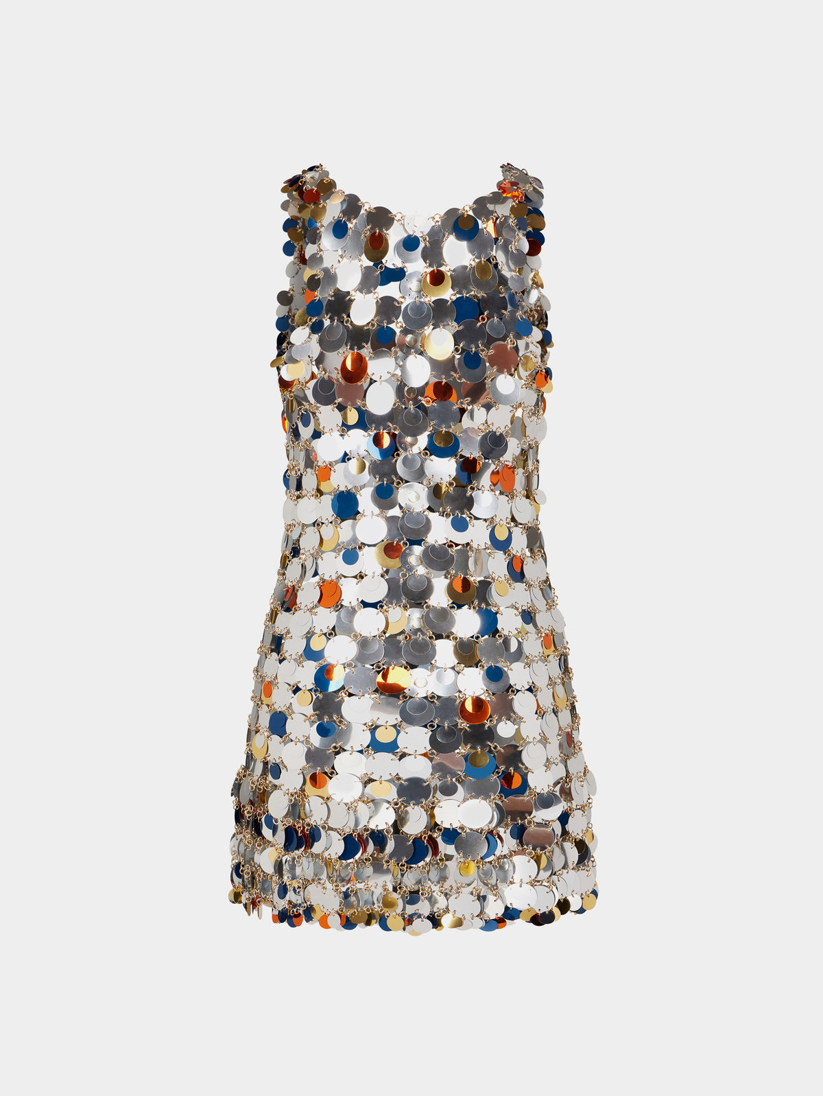 Assembled dress with multicolored sparkle discs