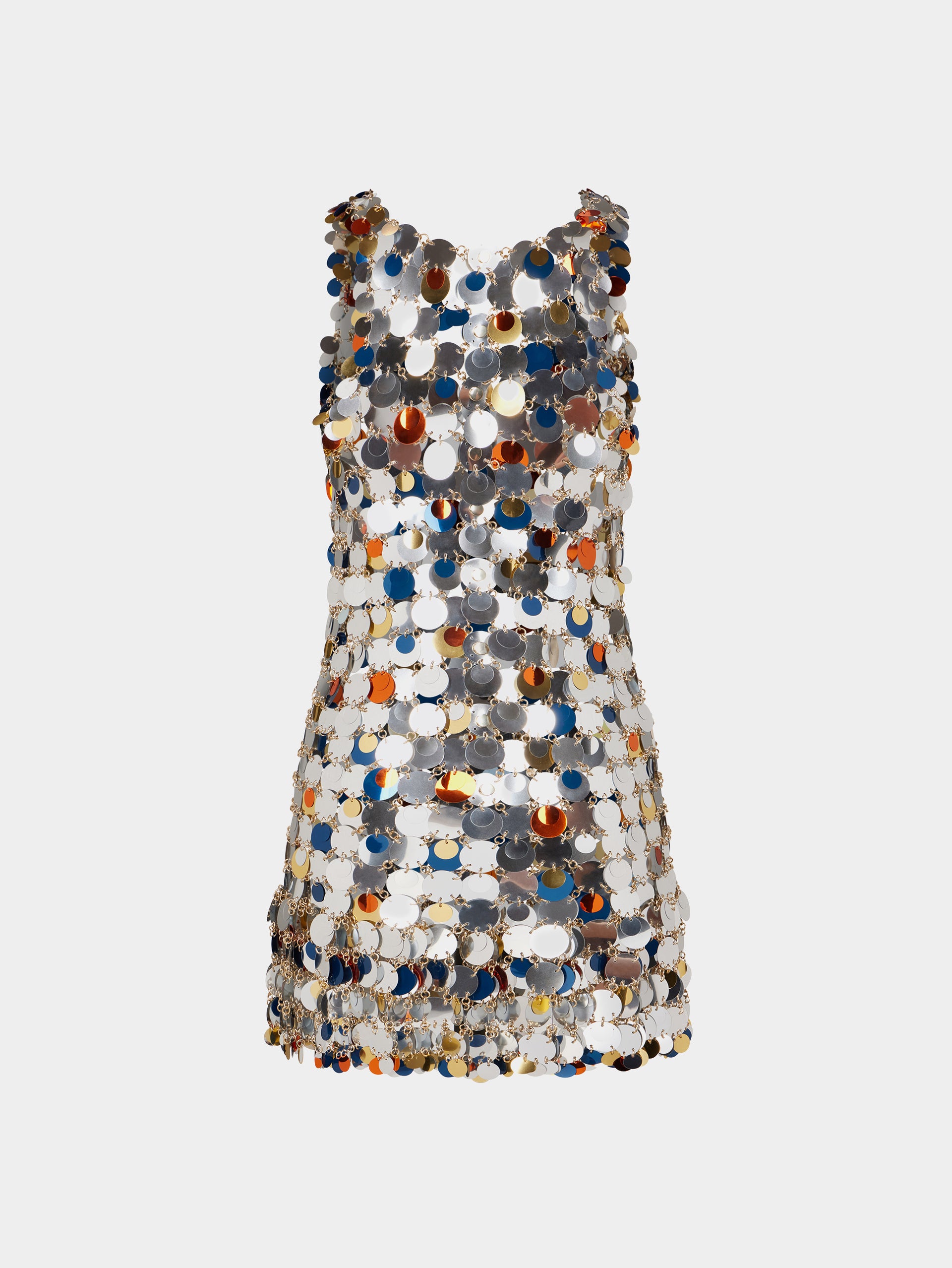 Assembled dress with multicolored sparkle discs