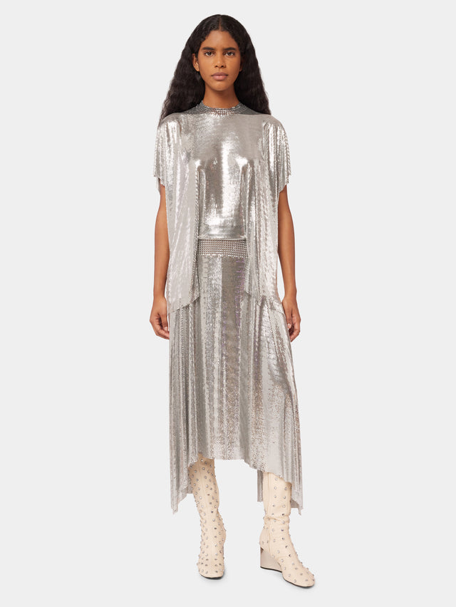 Silver asymmetric mesh skirt