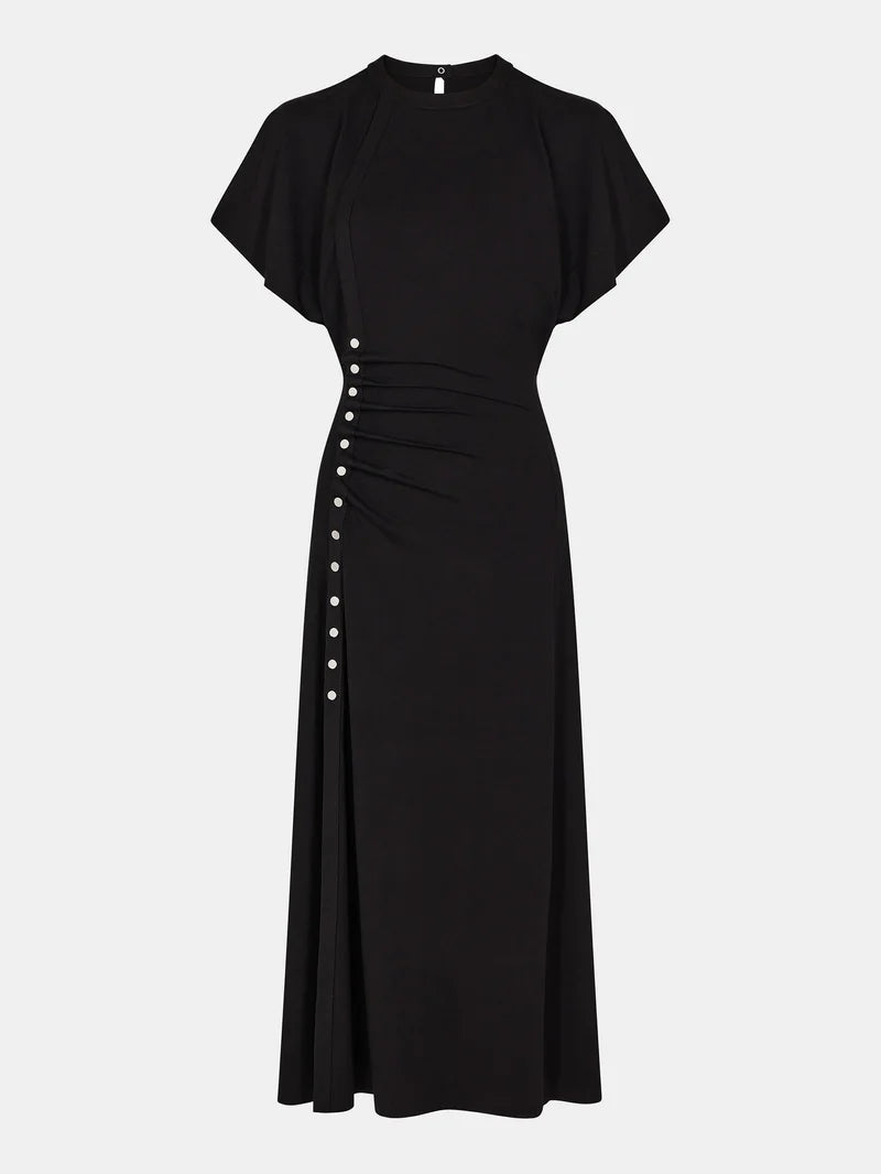 Long black drapé pression dress