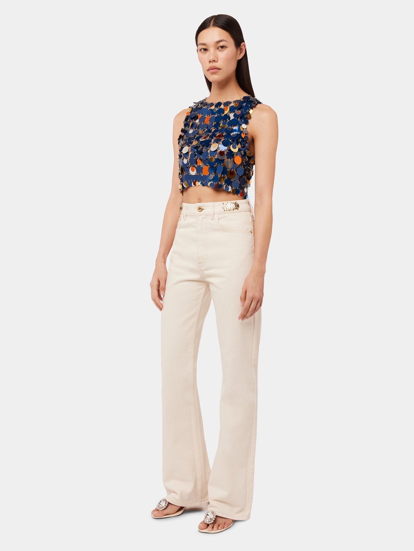 OFF WHITE DENIM FLARE JEANS WITH ASSEMBLY 1969 DISCS