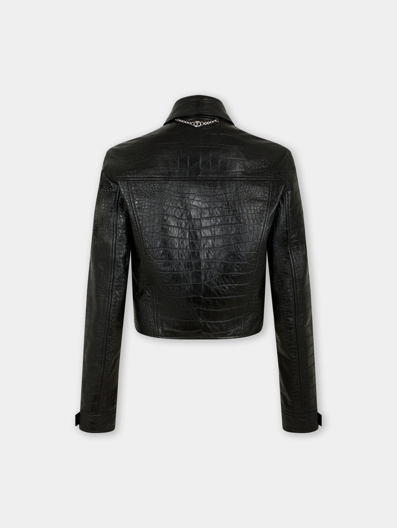 CROPPED JACKET IN CROCO-EMBOSSED LEATHER