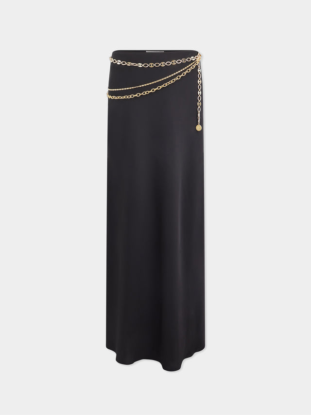 Long black skirt embellished with "eight" signature chain