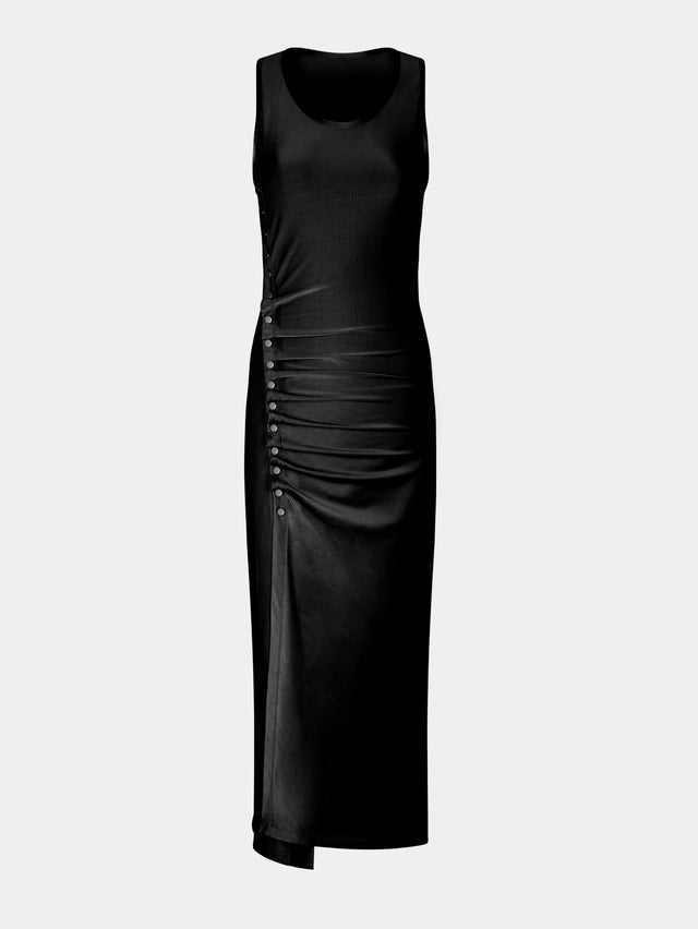 Sleeveless black drappé pression dress