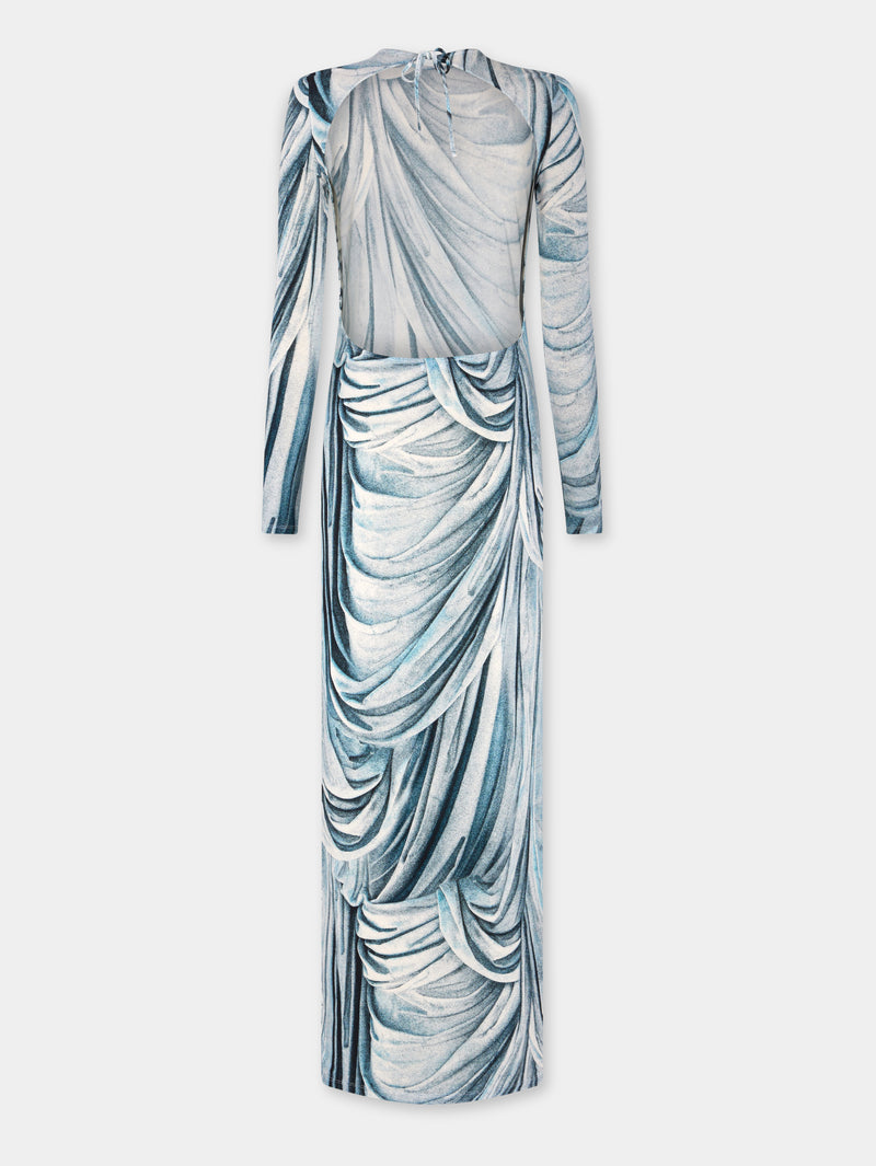 Second-skin dress in trompe l'œil blue statue print
