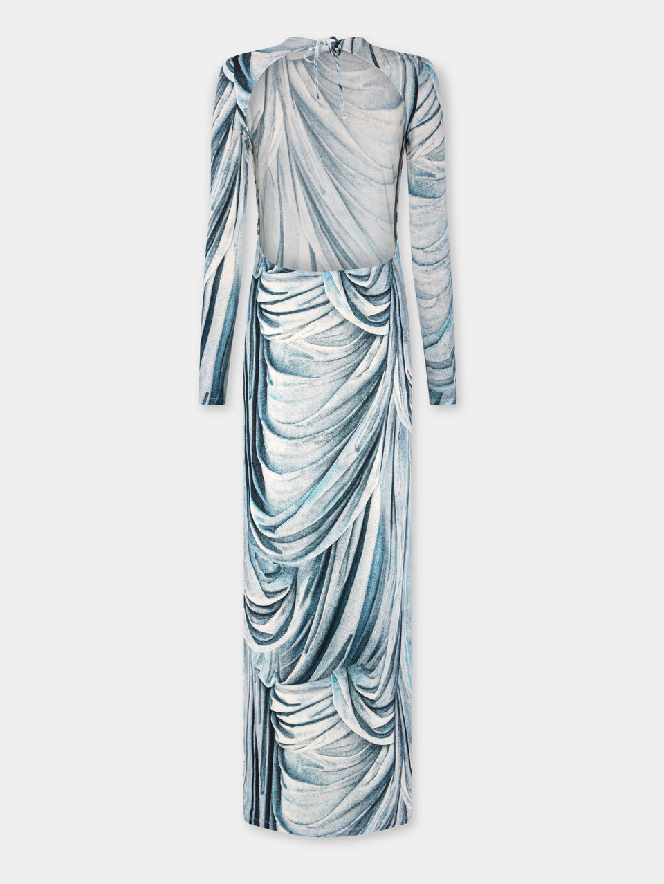 Second-skin dress in trompe l'œil blue statue print