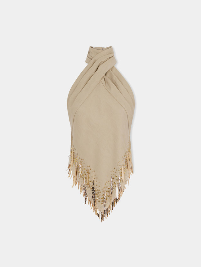 Sand colored top in wool embelished with metallic fringe details