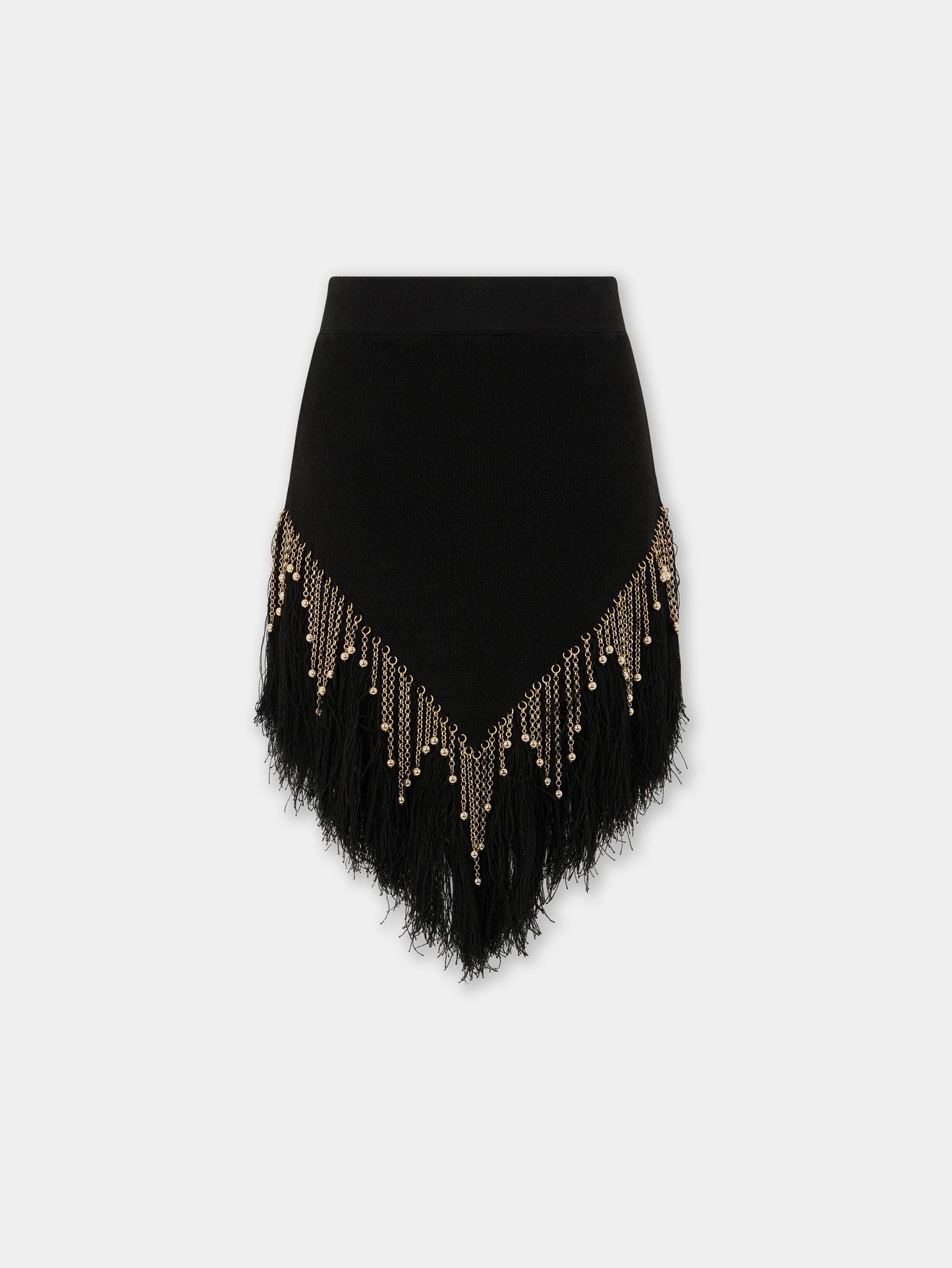 Black woven skirt with knitted beads and feathers