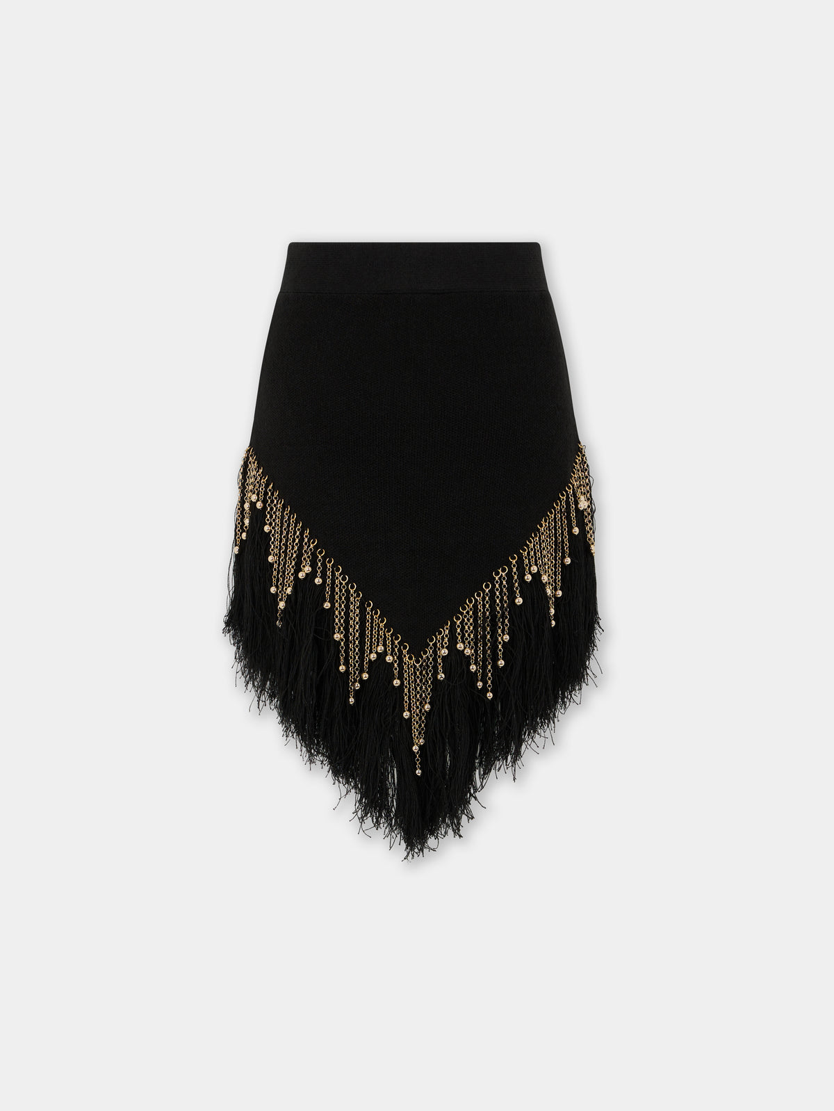 Black woven skirt with knitted beads and feathers