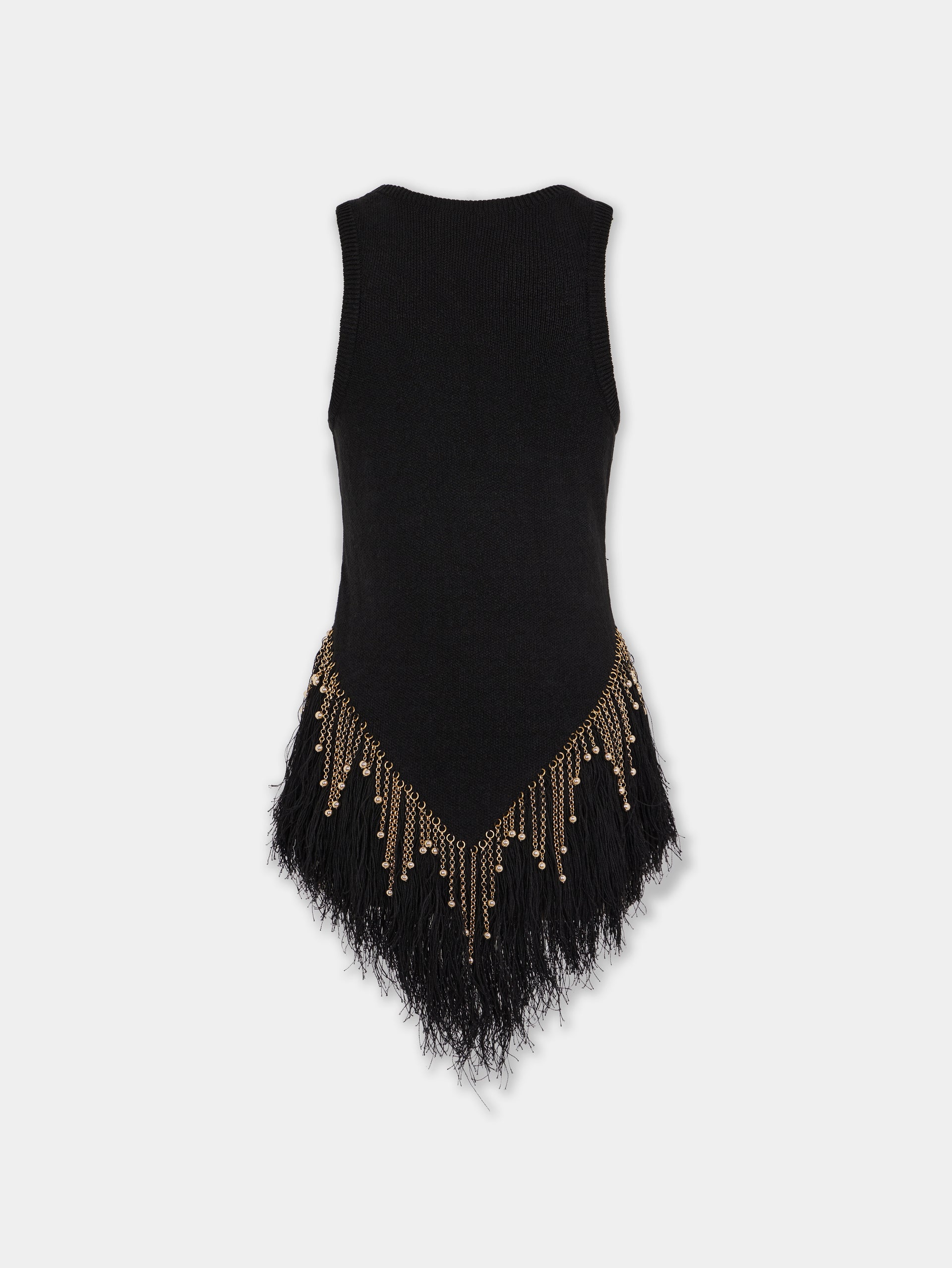 Black woven top with knitted beads and feathers