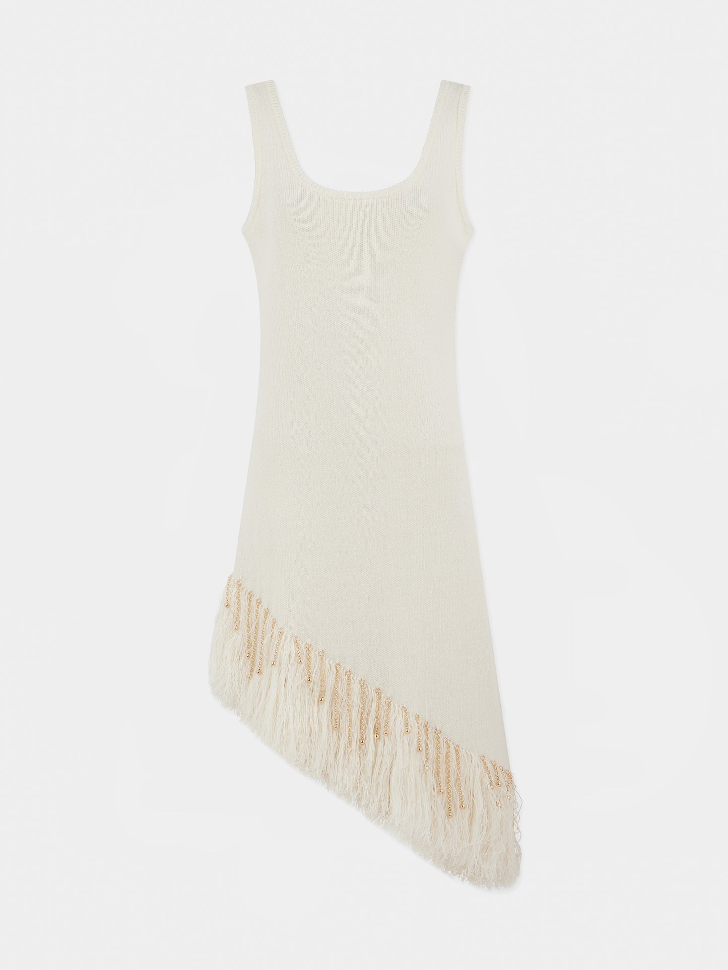 Asymmetrical off white woven dress with knitted beads and feathers