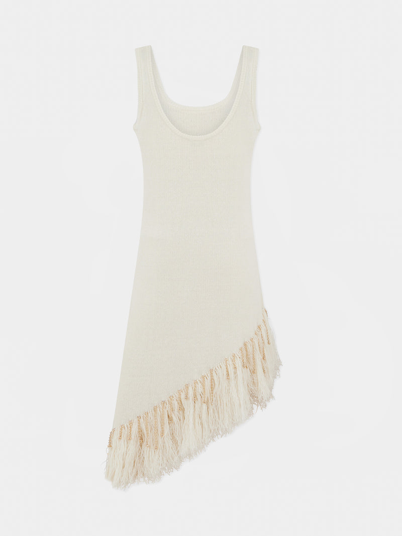 Asymmetrical off white woven dress with knitted beads and feathers