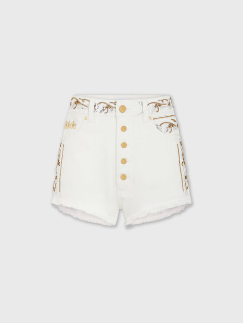 Short brodé en denim blanc cassé