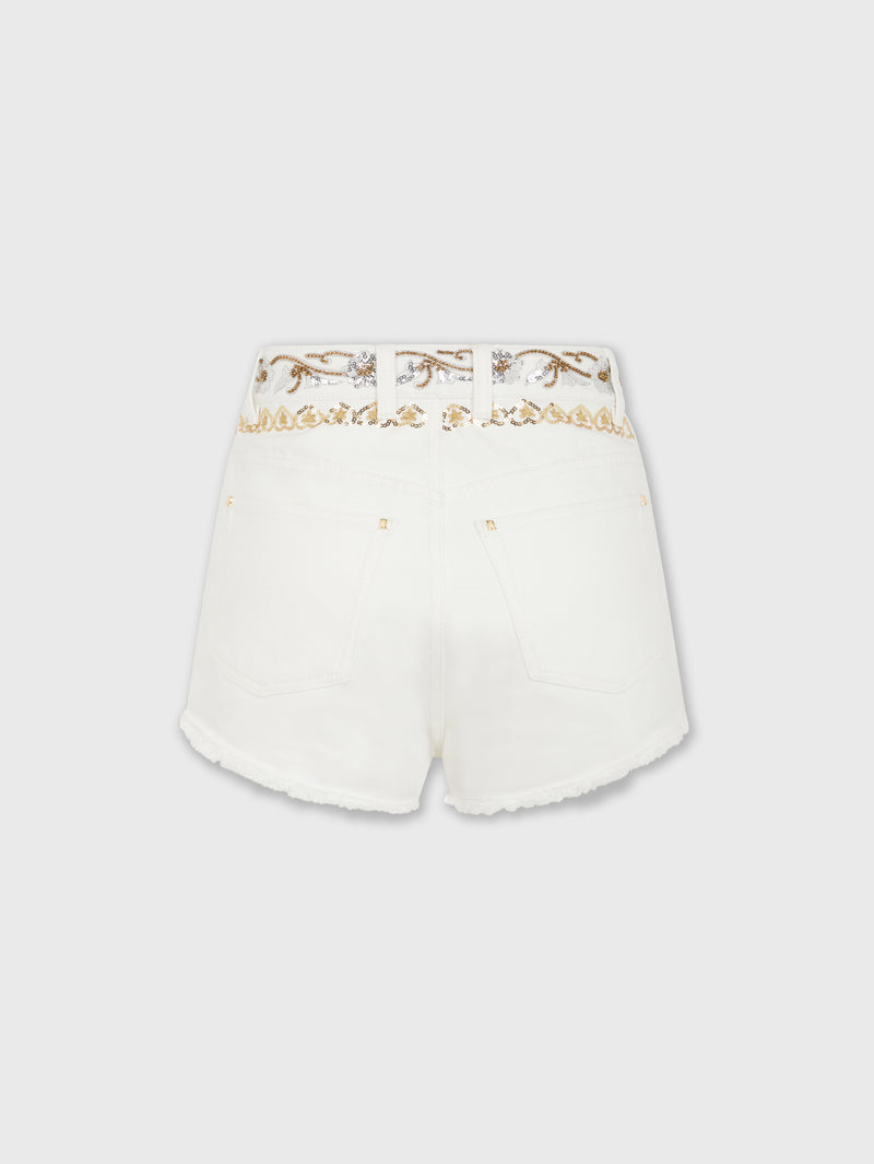 Embroidered off white denim shorts