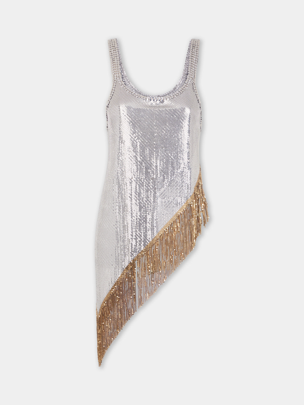 Asymetrical chainmail top with golden metallic fringes
