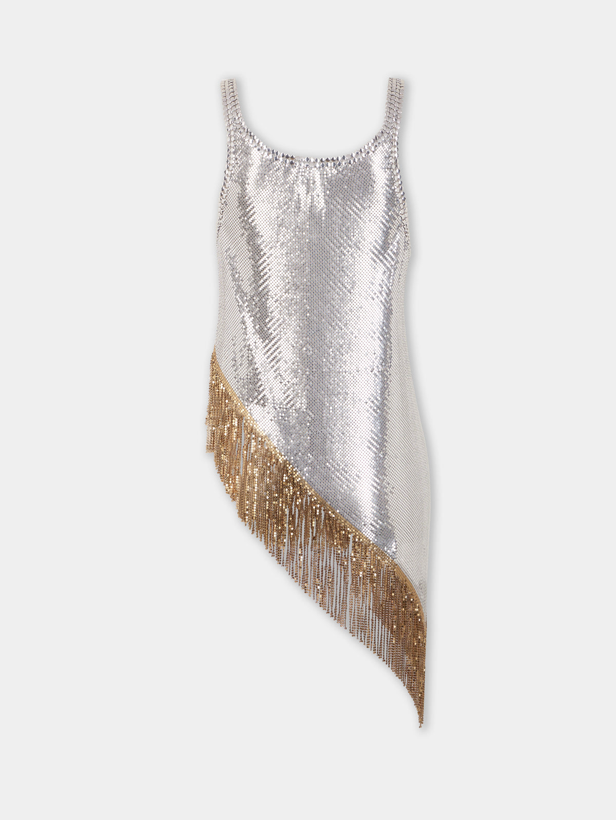 Asymetrical chainmail top with golden metallic fringes