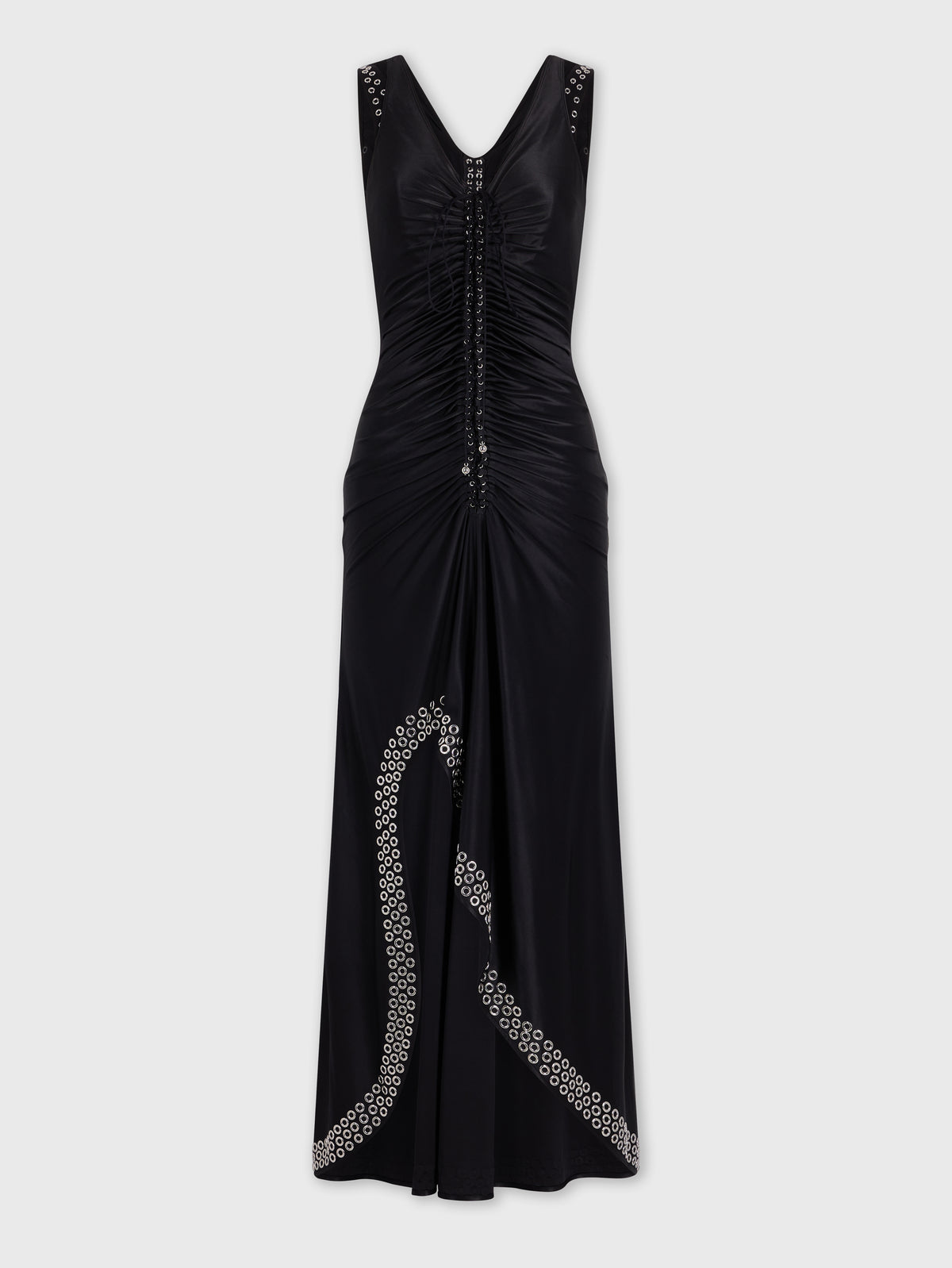 Long black dress with embroidered metallic eyelets - Image 1