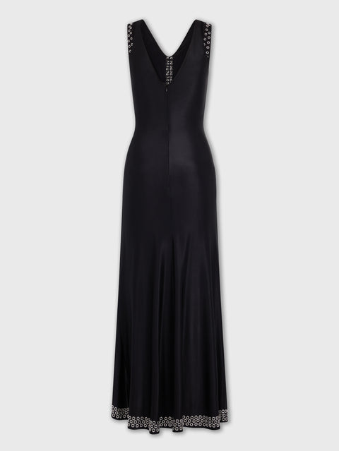 Long black dress with embroidered metallic eyelets