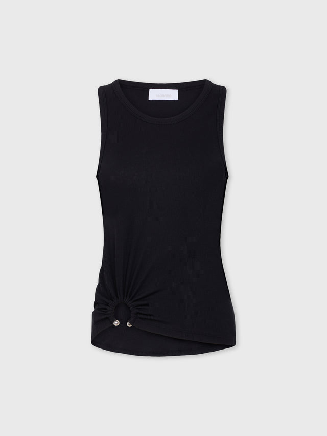 Black tank top with signature piercing
