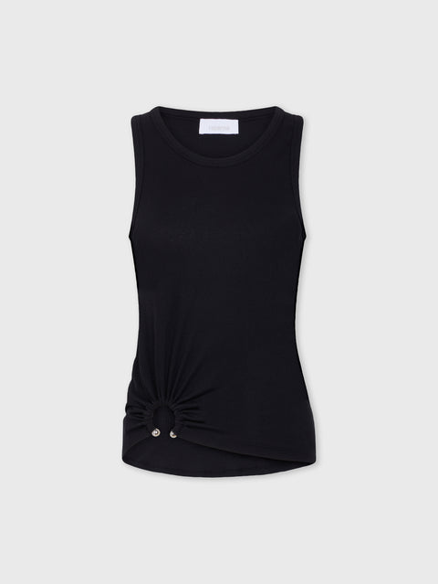 Black tank top with signature piercing