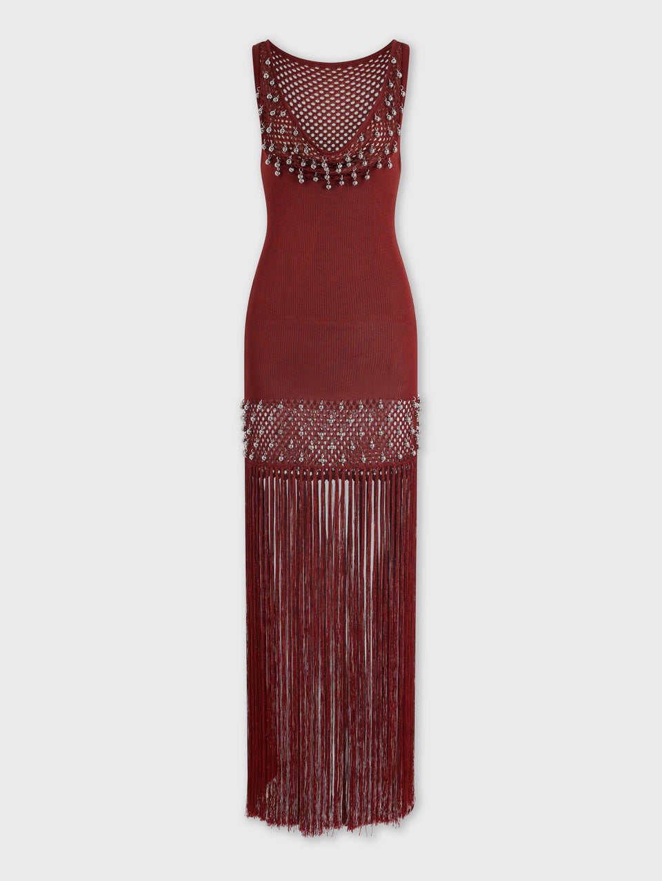 Crochet embellished dress with fringes and pearls