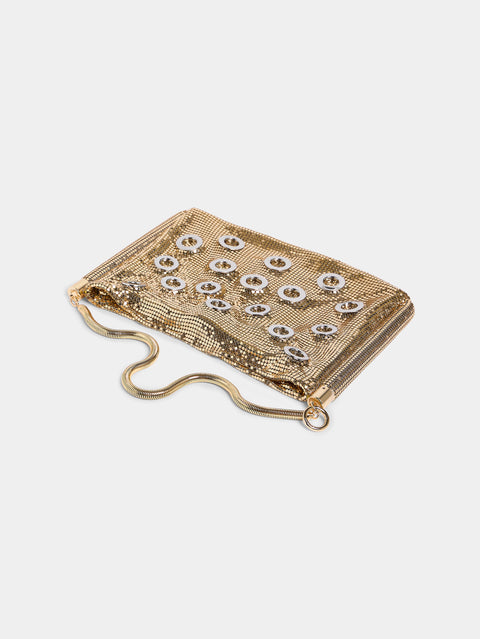 Golden chainmail clutch bag with metallic eyelets