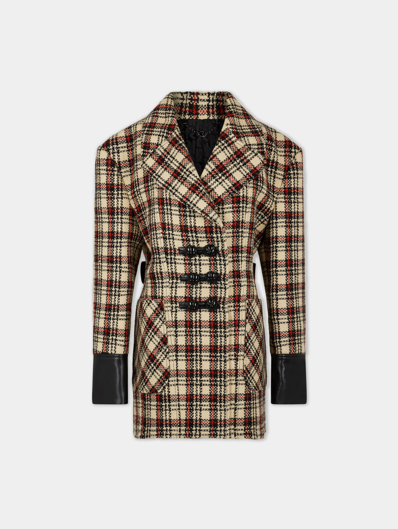 DOUBLE-BREASTED PEACOAT IN TARTAN WOOL