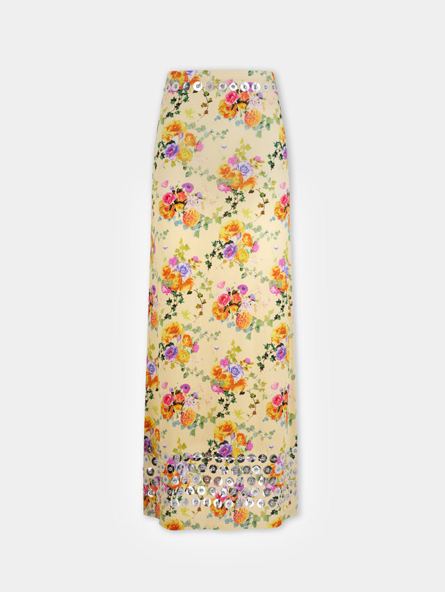 FLORAL LONG EMBELLISHED SKIRT IN SECOND SKIN JERSEY